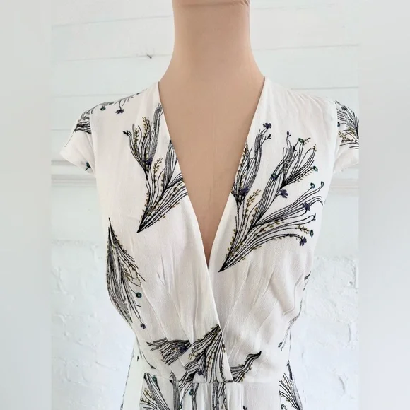 Free People Floral Retro Midi Dress Ivory Deep V Faux Wrap Cap Sleeve - Picture 9 of 14